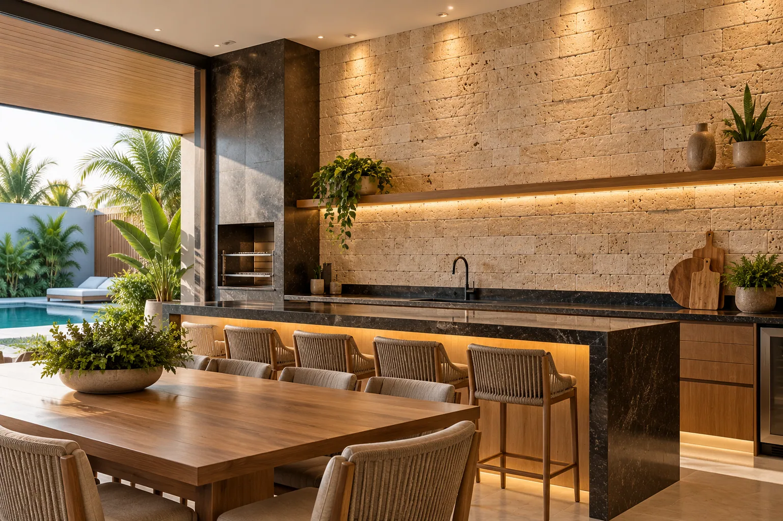 Cozinha gourmet com Tijolinho Anticato – Travertino Romano — inspiração de aplicação
