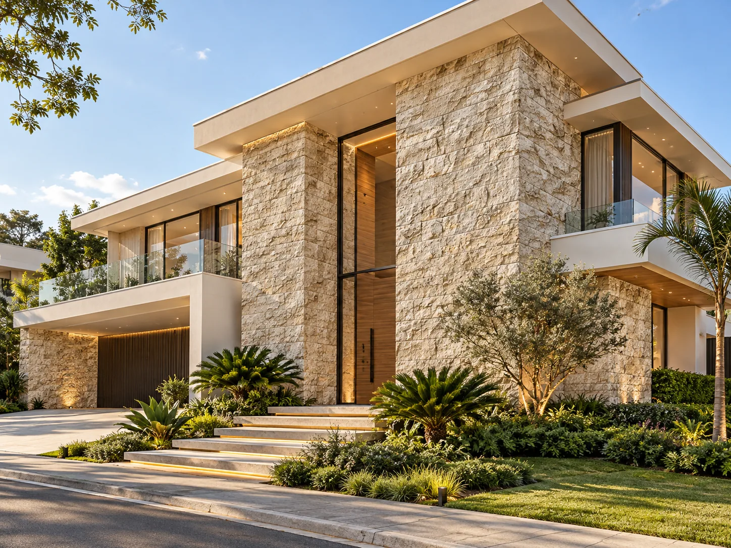 Fachada moderna com Travertino Rockface Bege Bahia — inspiração de aplicação