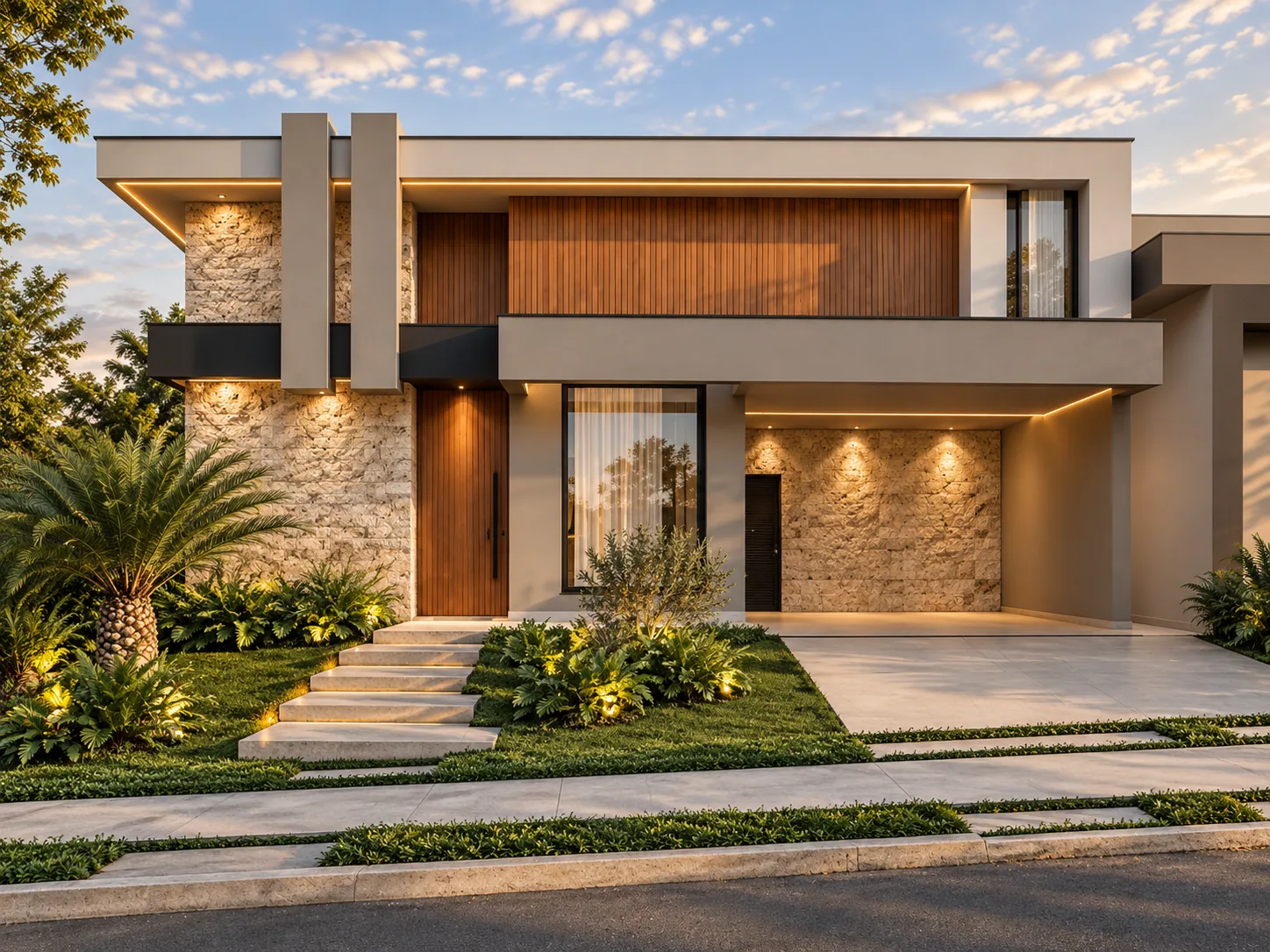 Fachada casa moderna com Rockface – Travertino Romano — inspiração de aplicação