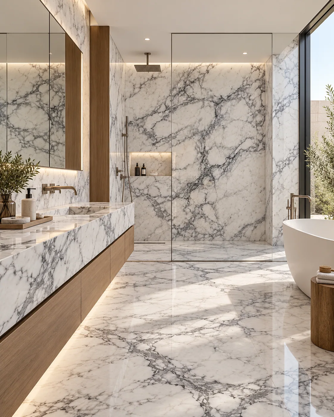 Banheiro luxuoso com Carrara Dolomítico — inspiração de aplicação