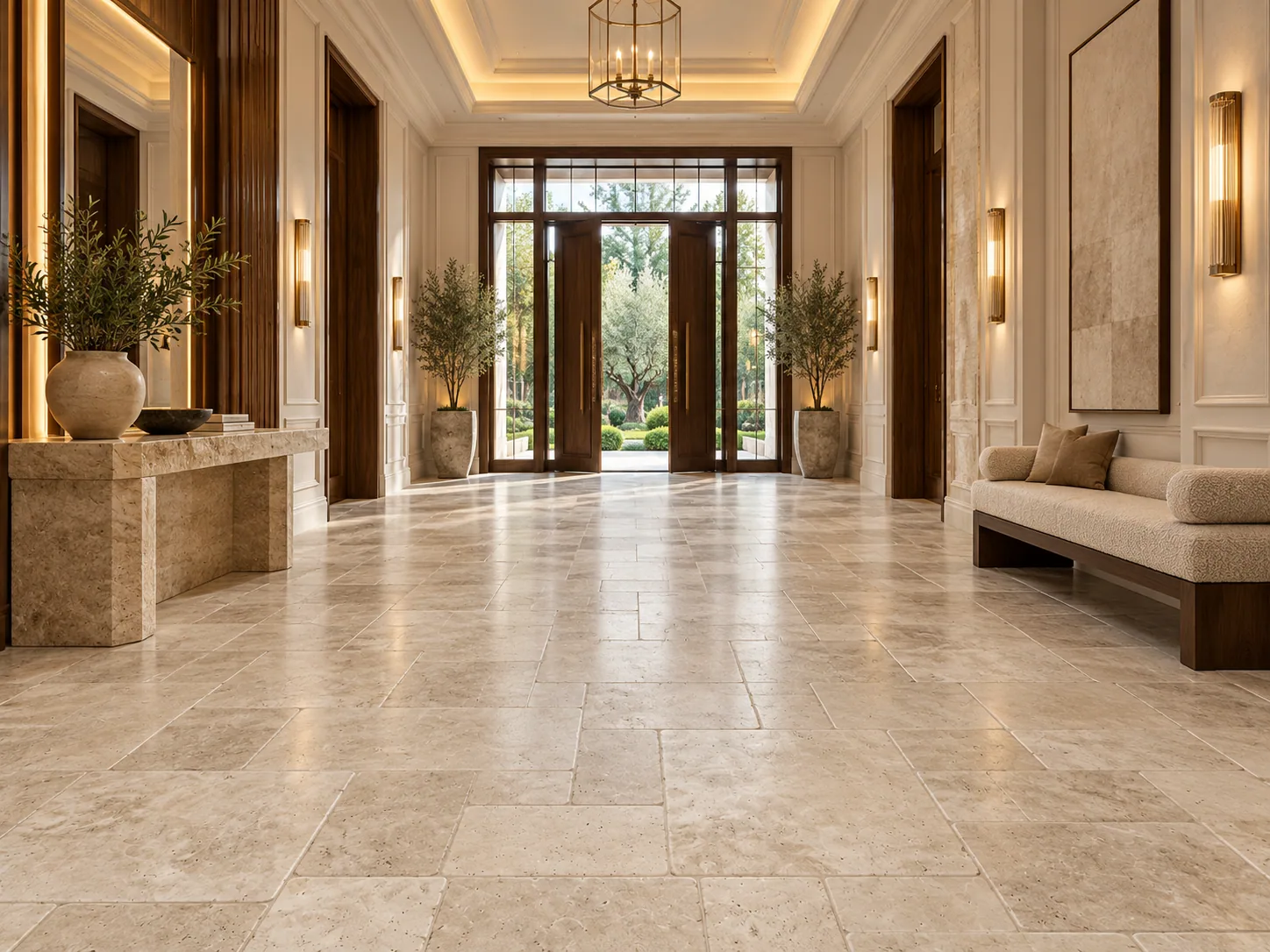 Foyer luxo com French Pattern – Travertino Romano — inspiração de aplicação