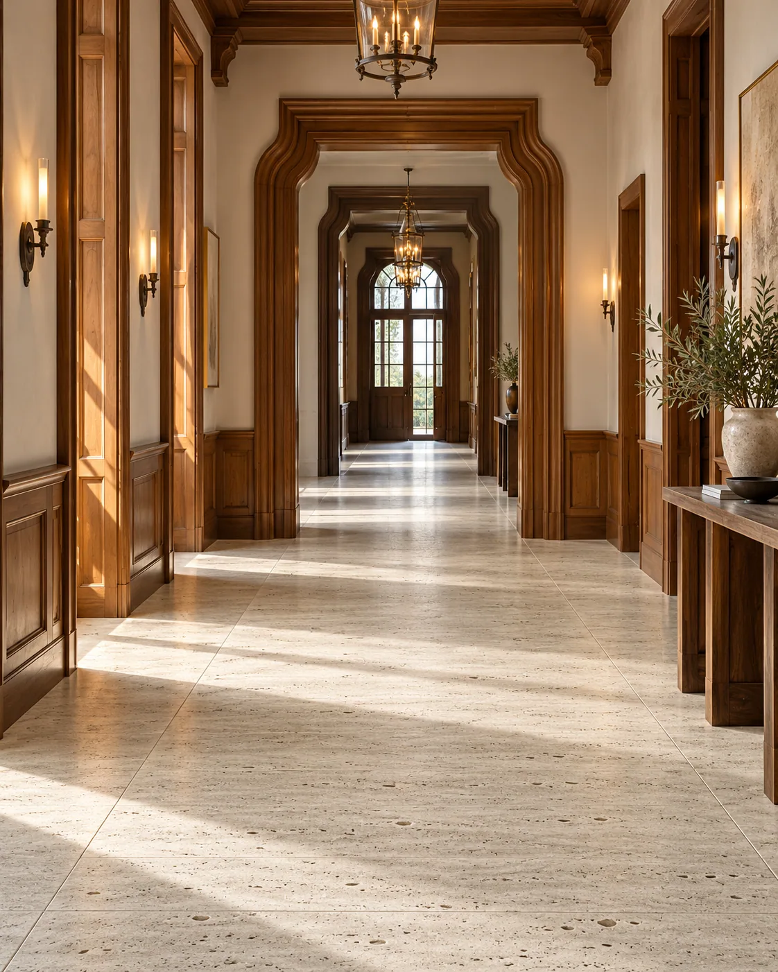 Corredor entrada com Pisos e Ladrilhos – Travertino Romano — inspiração de aplicação