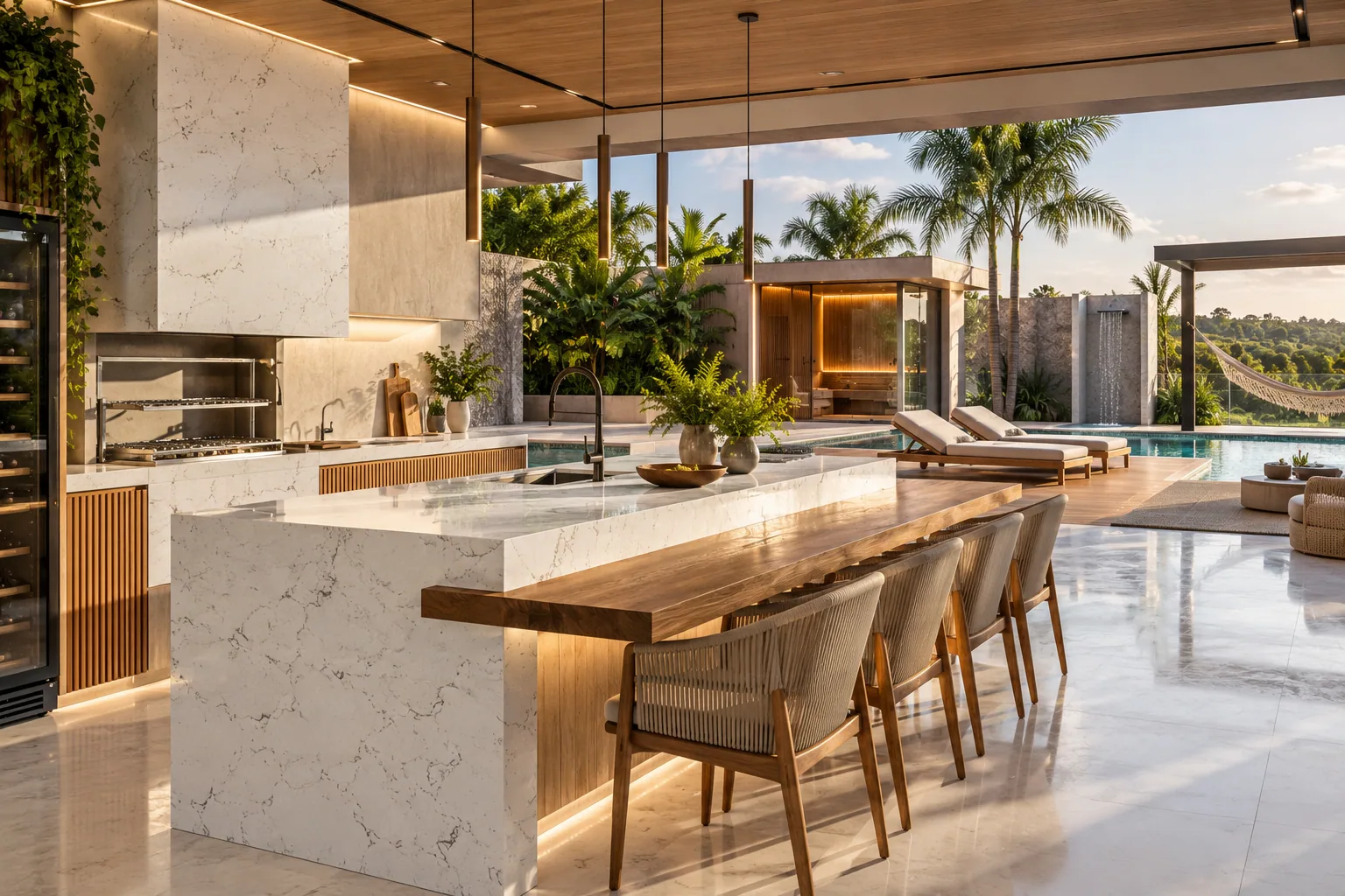 Área gourmet com Carrara Quartzite — inspiração de aplicação