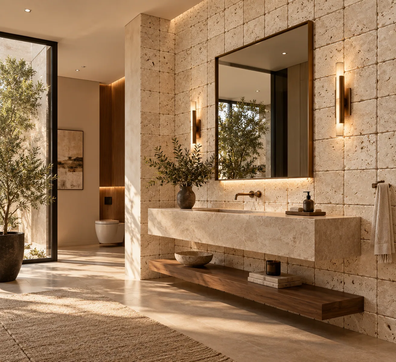Banheiro minimalista com Anticato – Travertino Romano — inspiração de aplicação