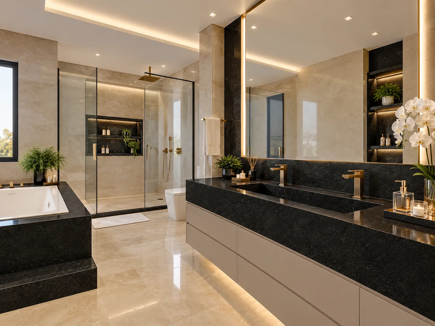 Banheiro luxuoso com Preto Absoluto — inspiração de aplicação
