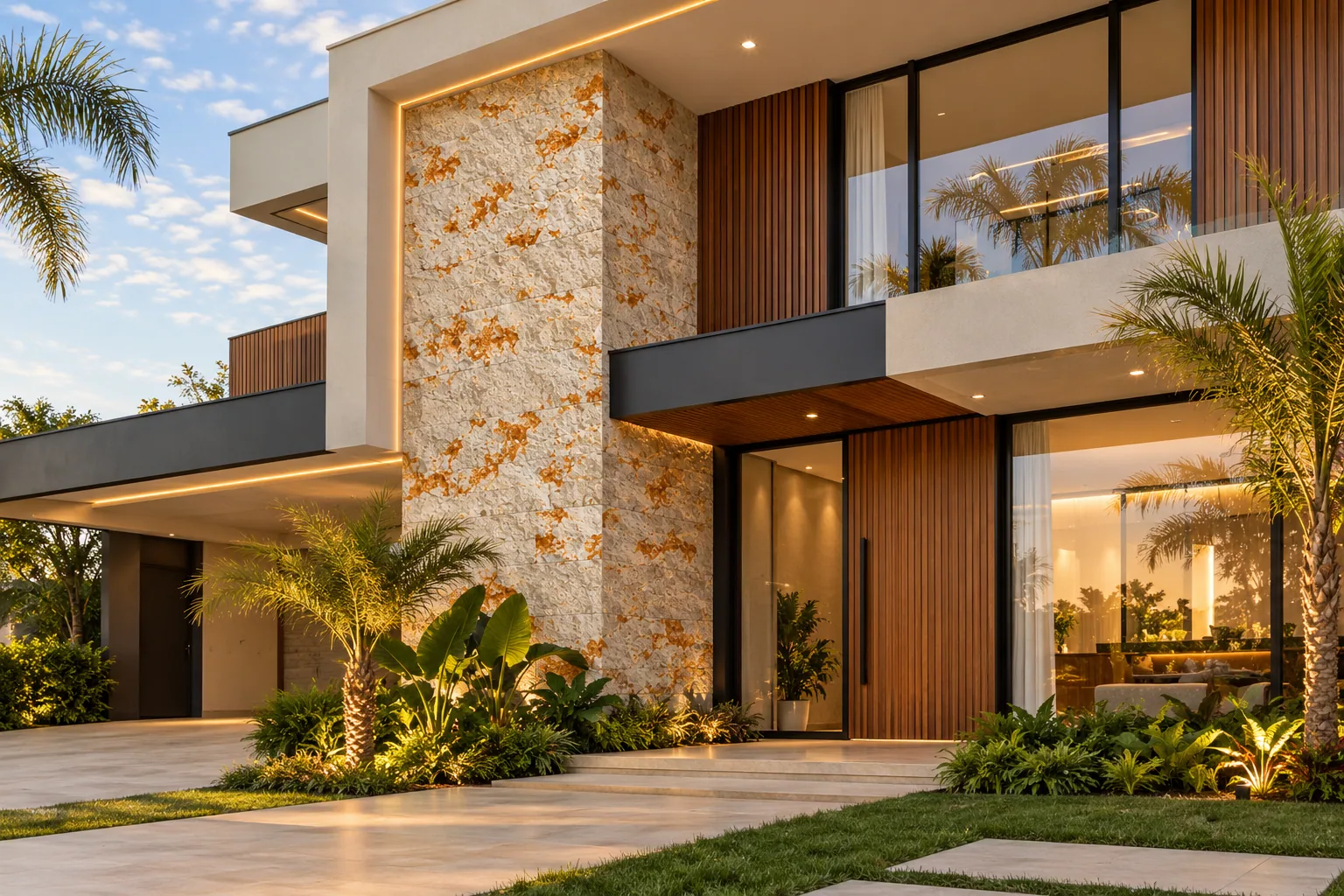Fachada com Rockface Cairo – Travertino Cairo — inspiração de aplicação