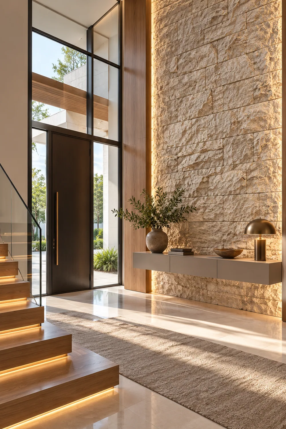 Hall de entrada minimalista com Travertino Rockface Bege Bahia — inspiração de aplicação