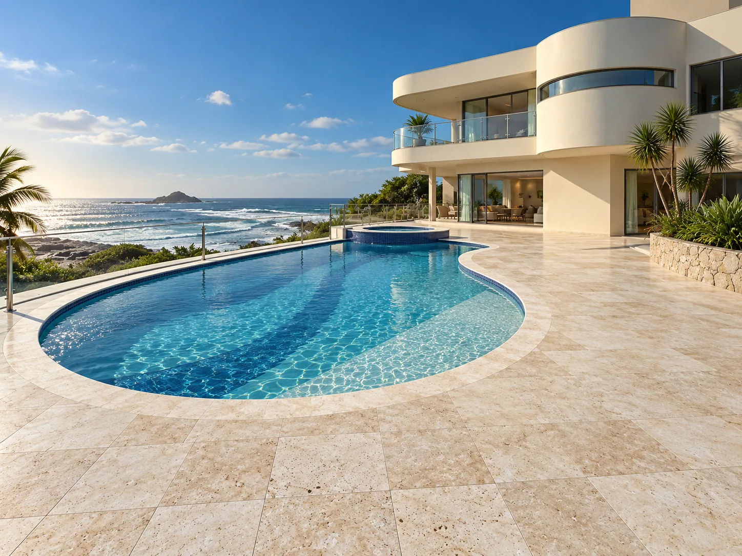 Piscina borda e deck com Ladrilho Anticato – Travertino Romano — inspiração de aplicação