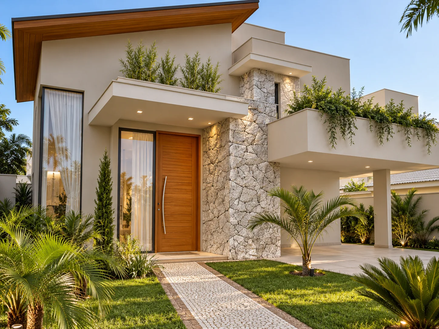 Fachada de casa moderna com Ouro Branco Almofadada — inspiração de aplicação