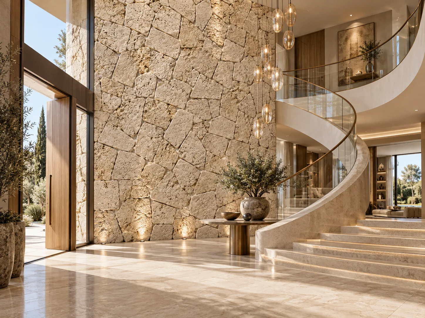 Foyer luxuoso com Anticato Orgânico – Travertino Romano — inspiração de aplicação