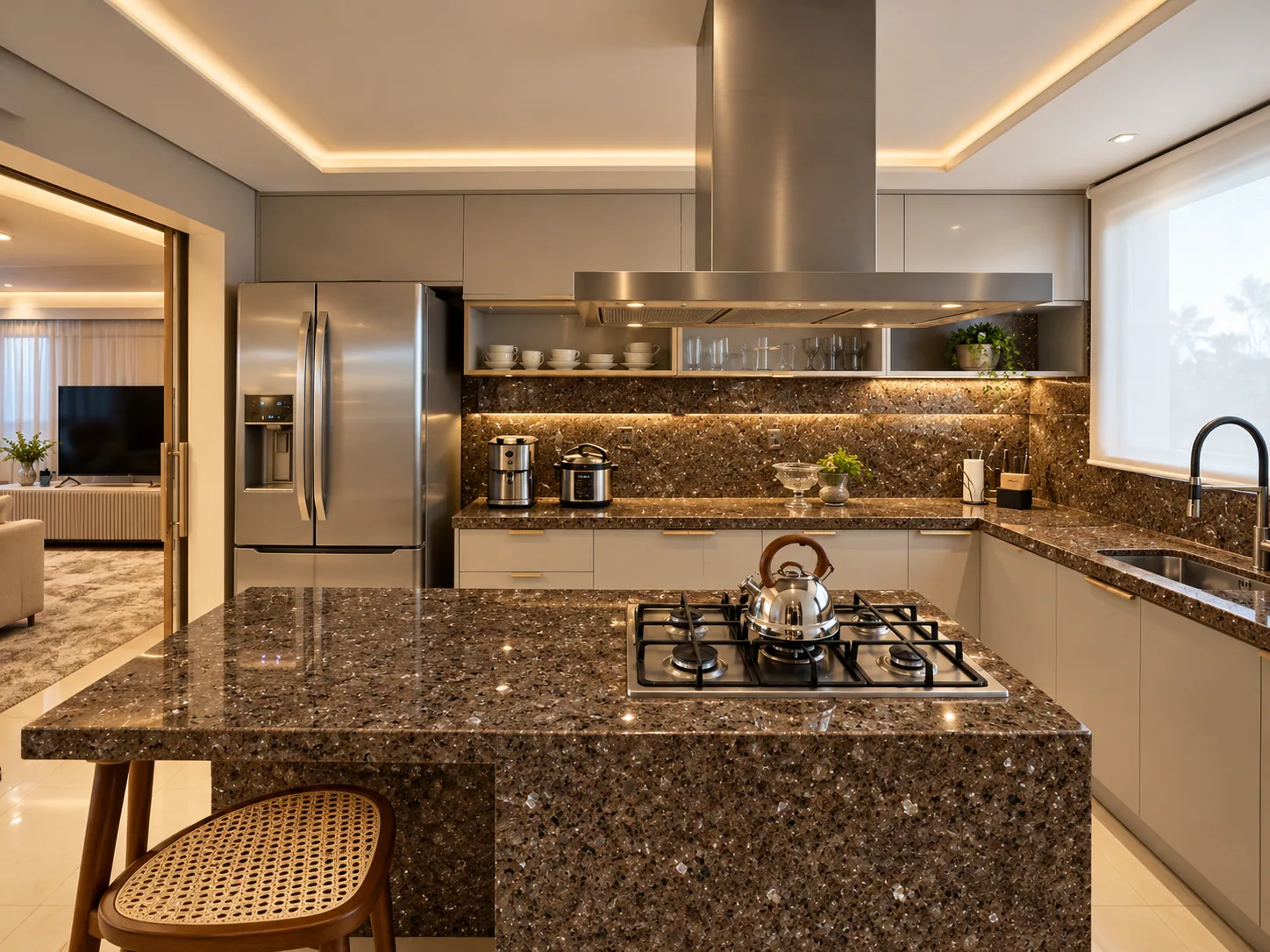 Cozinha bancada luxuosa com Marrom Café Imperial — inspiração de aplicação