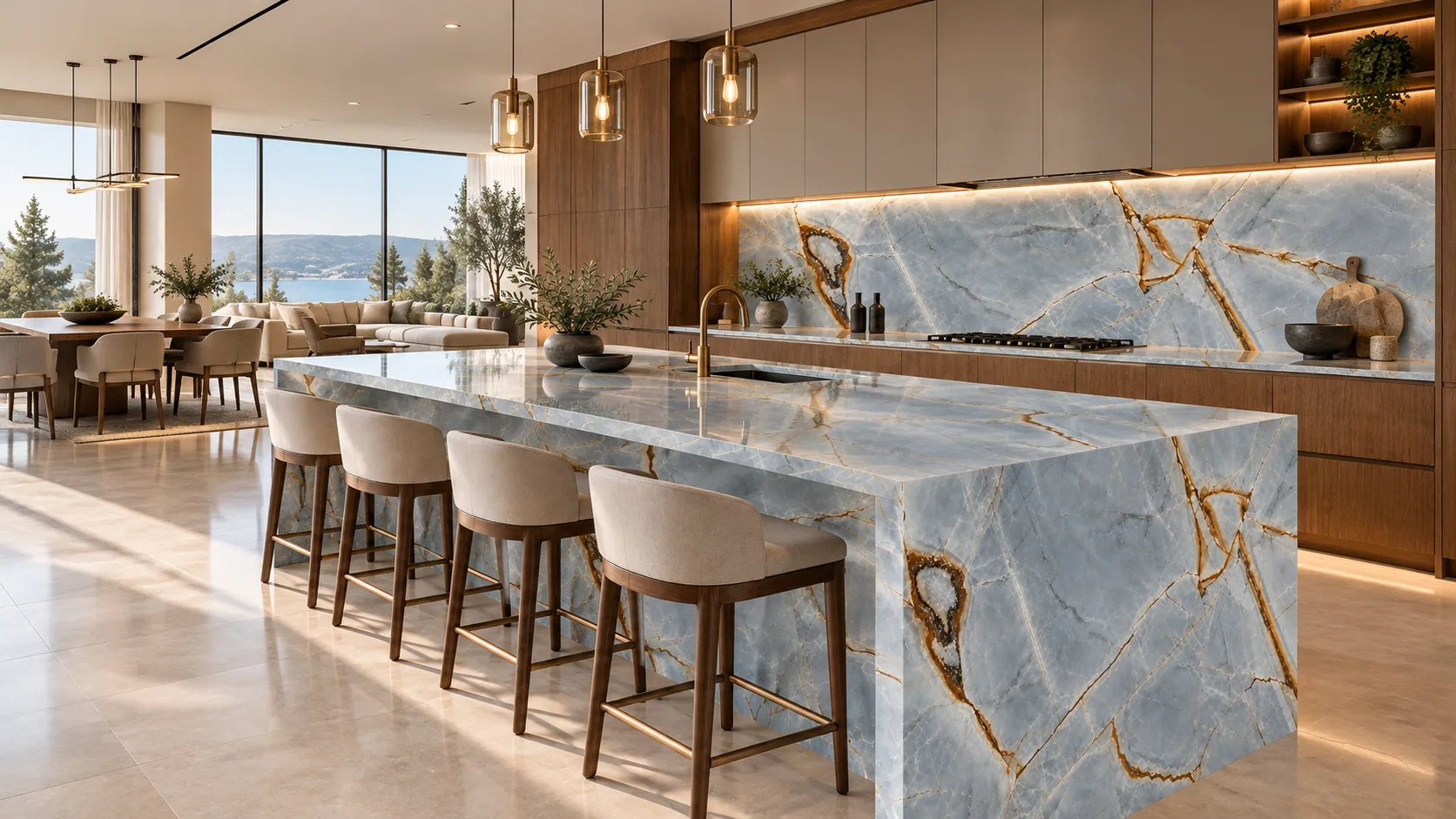 Cozinha bancada com Blue Roma — inspiração de aplicação