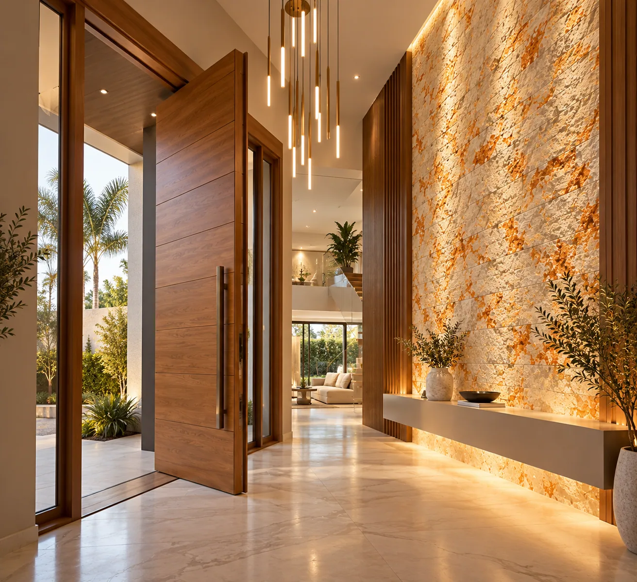 Hall de entrada com Rockface Cairo – Travertino Cairo — inspiração de aplicação