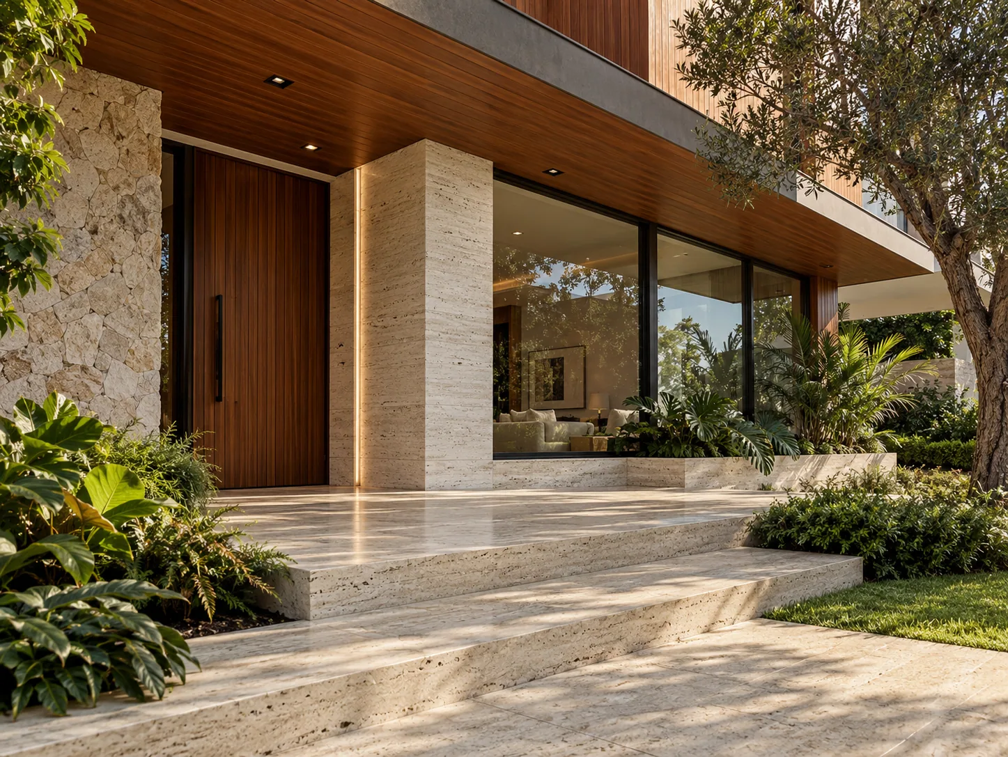Entrada moderna com Pisos e Ladrilhos – Travertino Romano — inspiração de aplicação