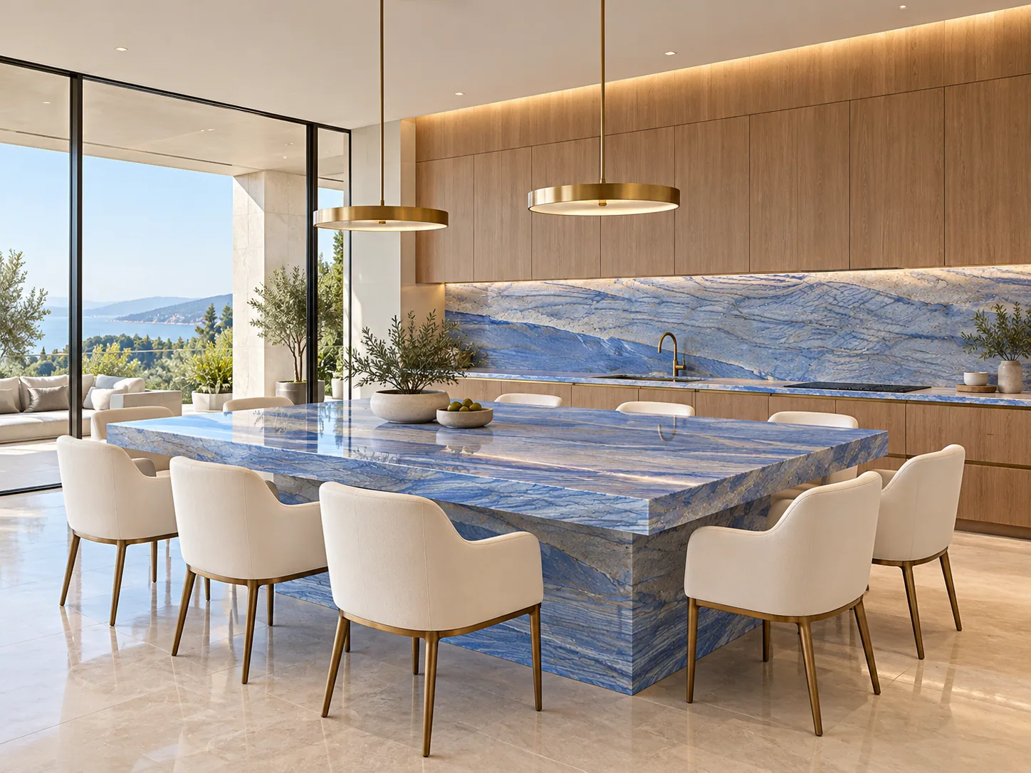 Cozinha bancada com Blue Macaubas — inspiração de aplicação