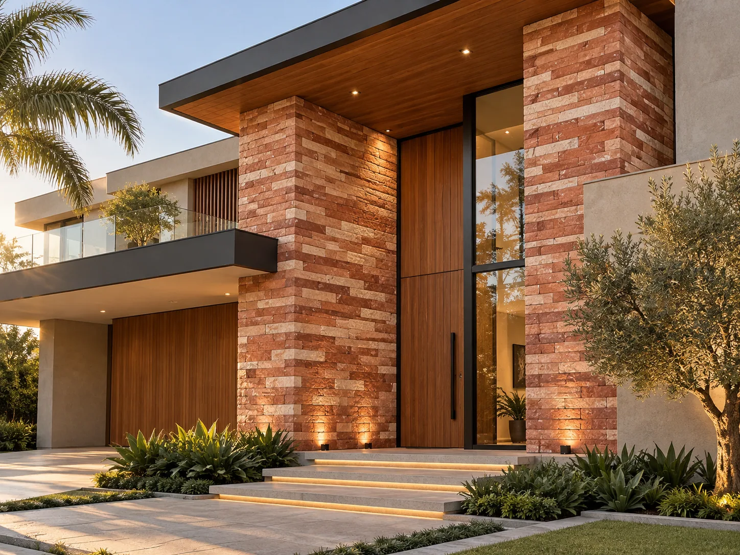 Entrada moderna com Arenito Réguas Terracota — inspiração de aplicação