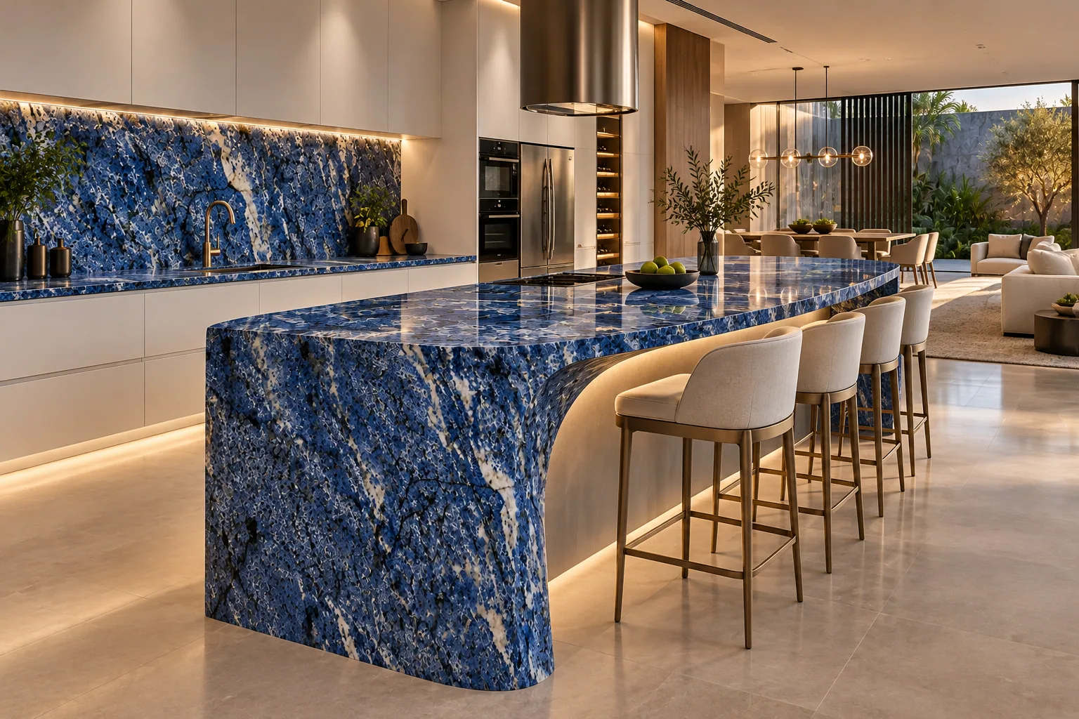 Cozinha luxuosa com Azul Bahia — inspiração de aplicação