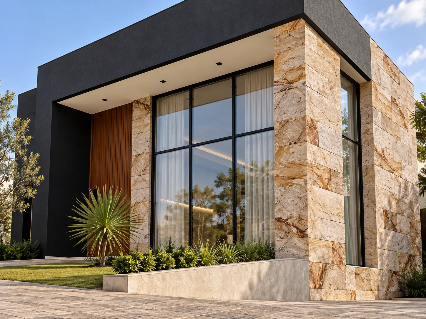 Fachada contemporânea com Quartzito Gold – 20 x 10 cm — inspiração de aplicação