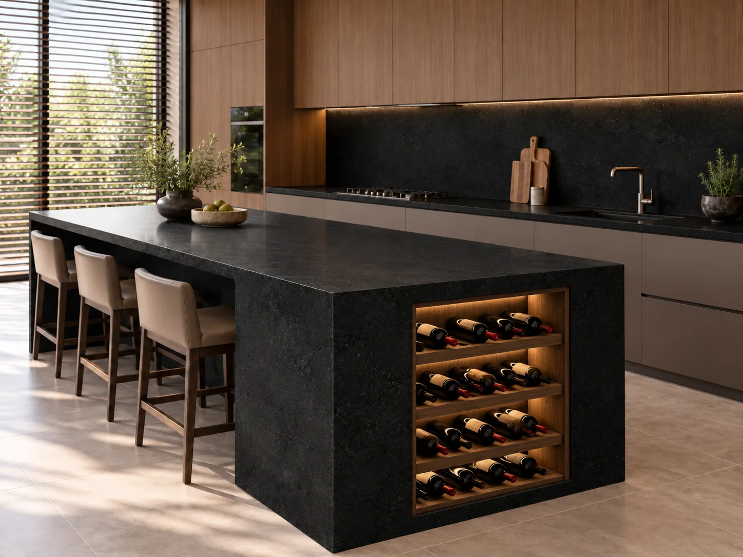 Cozinha bancada com adega integrada com Preto Absoluto — inspiração de aplicação