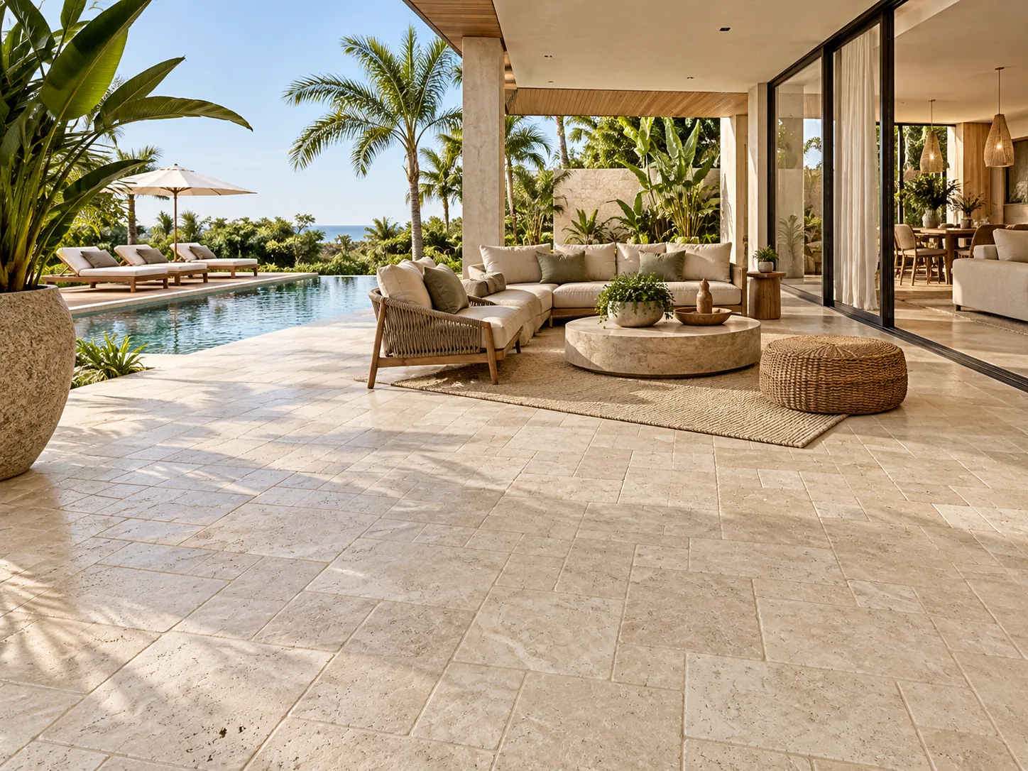 Pátio com French Pattern – Travertino Romano — inspiração de aplicação