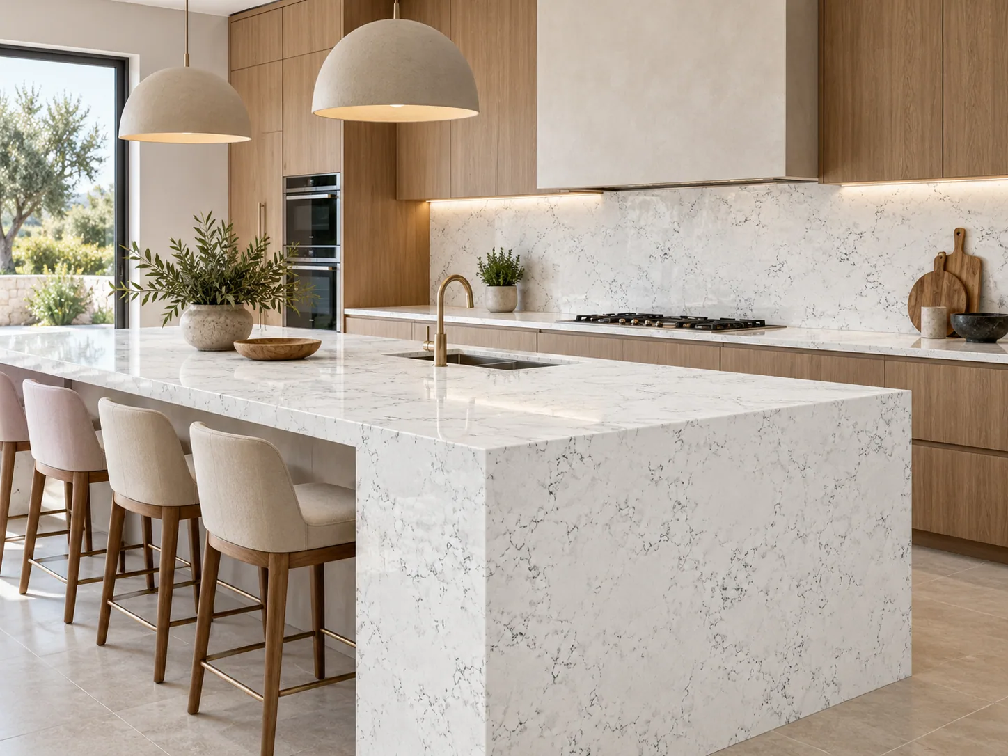 Cozinha bancada com Carrara Quartzite — inspiração de aplicação