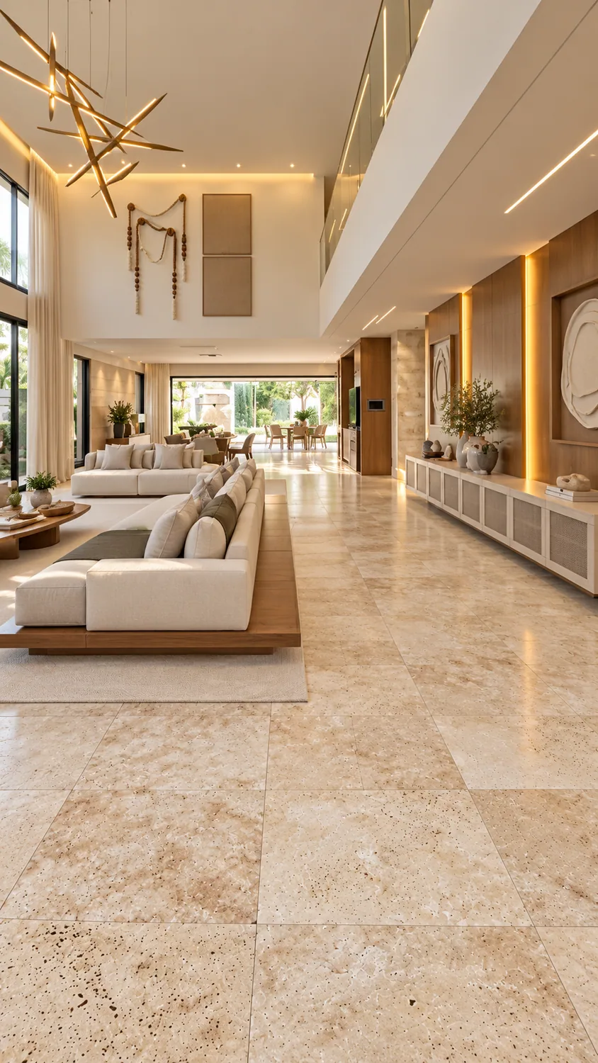 Sala piso com Ladrilho Anticato – Travertino Romano — inspiração de aplicação
