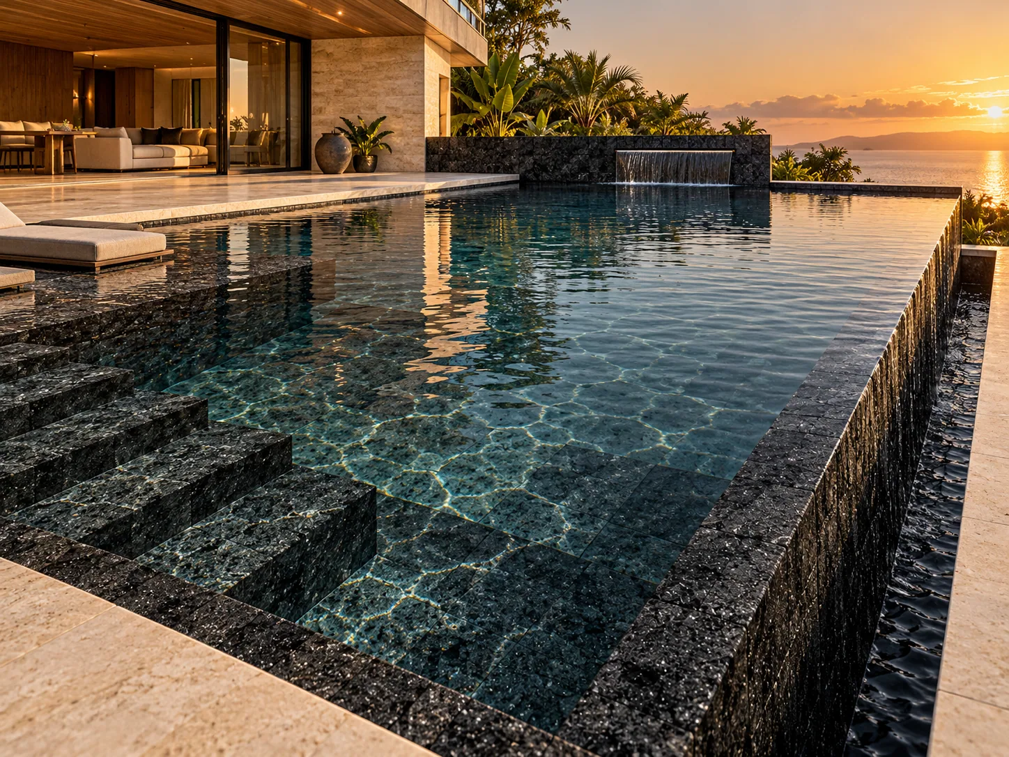 Revestimento interno piscina com Hitam Bruta – Black Lava — inspiração de aplicação