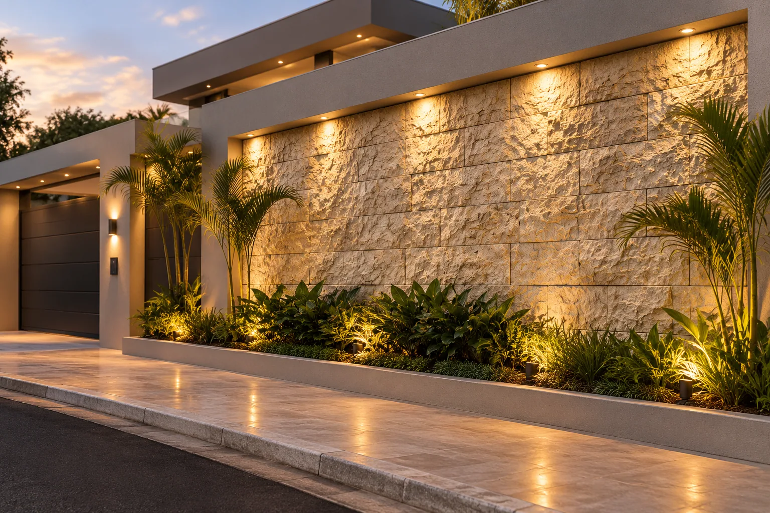 Muro fachada com Travertino Rockface Bege Bahia — inspiração de aplicação