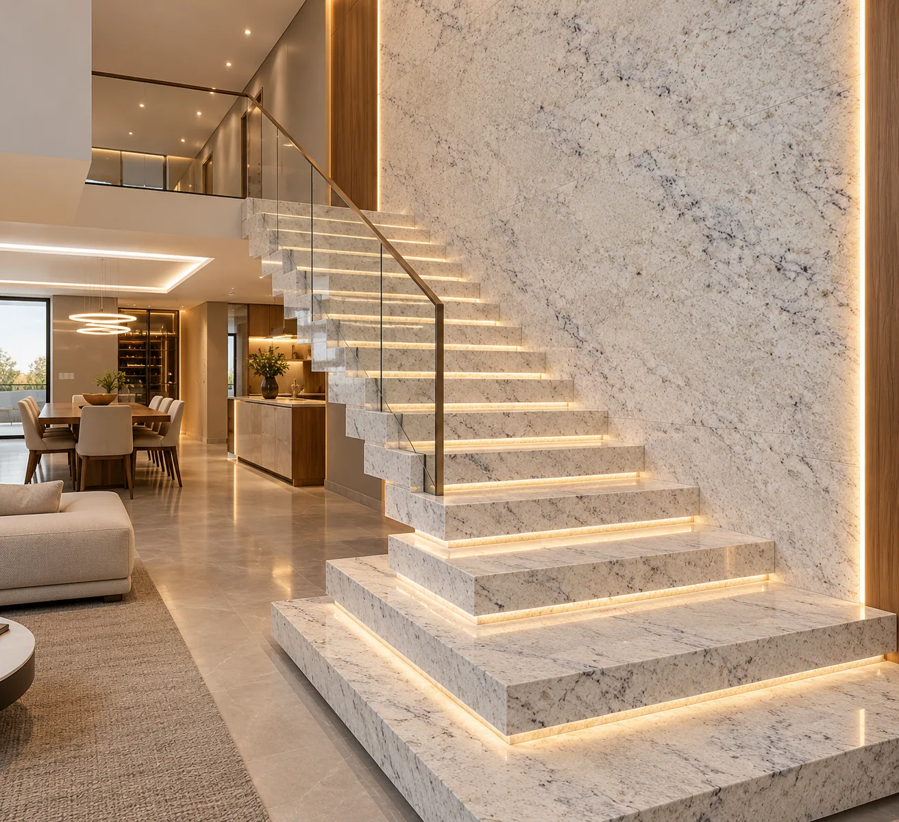 Escadaria flutuante com Branco Romano — inspiração de aplicação