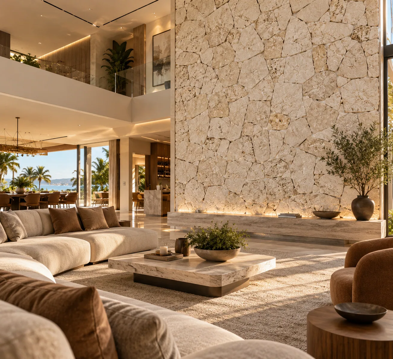 Sala parede com Anticato Orgânico – Travertino Romano — inspiração de aplicação