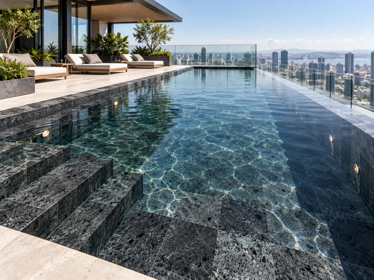 Revestimento interno piscina com Hitam Premium Lisa – Black Lava — inspiração de aplicação