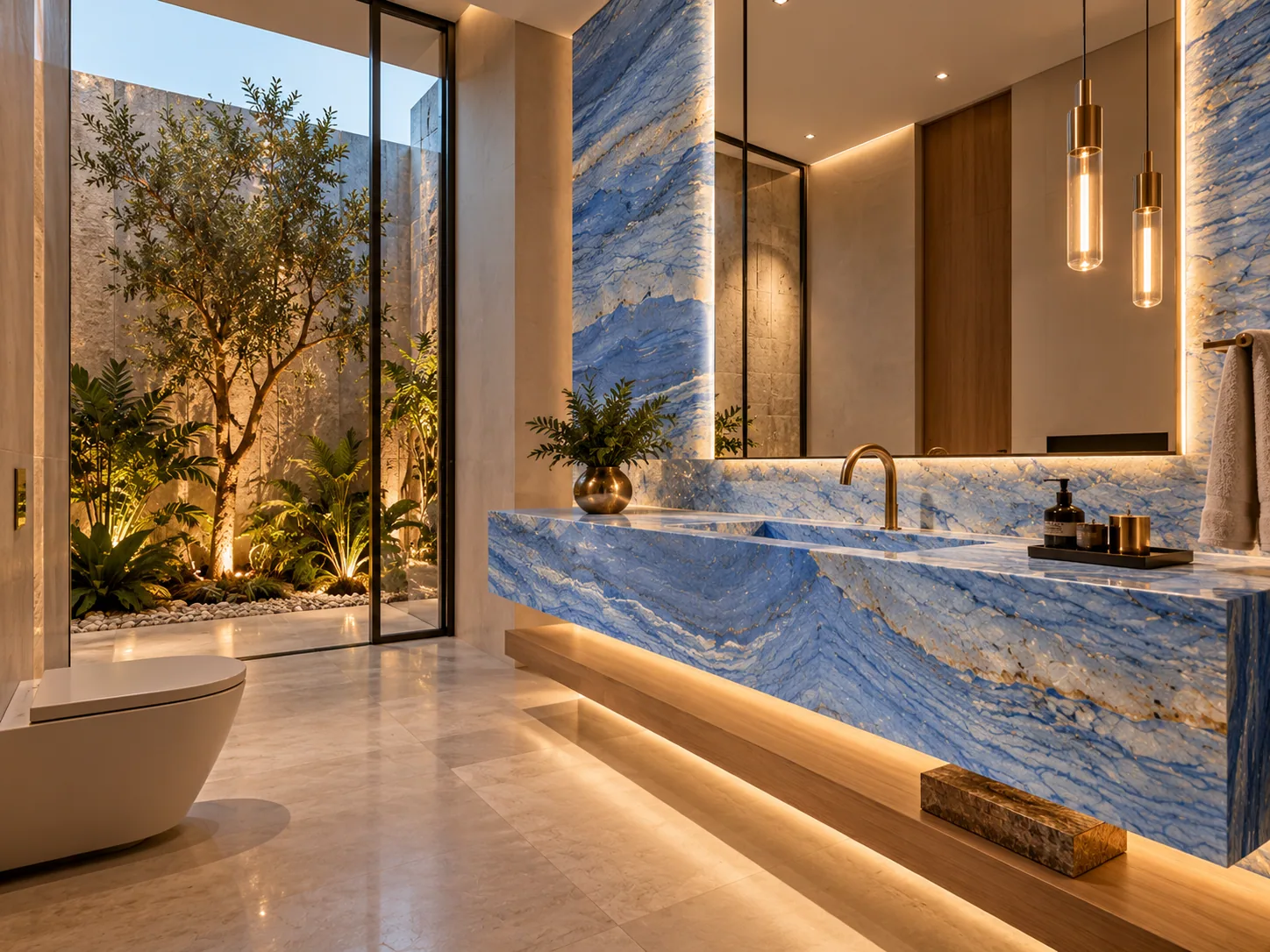 Lavabo com Blue Macaubas — inspiração de aplicação