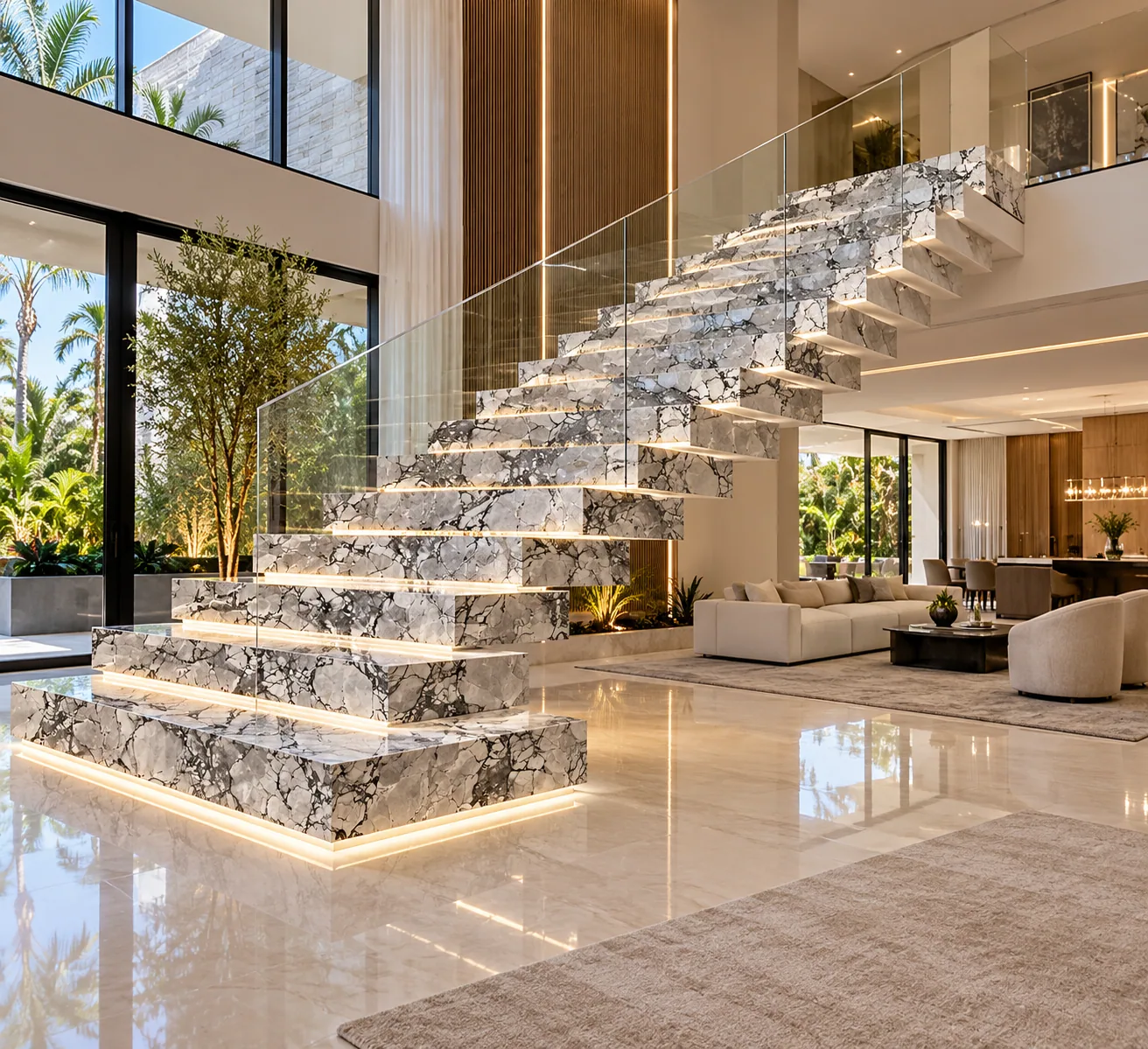 Escadaria flutuante com Super White Dolomite — inspiração de aplicação