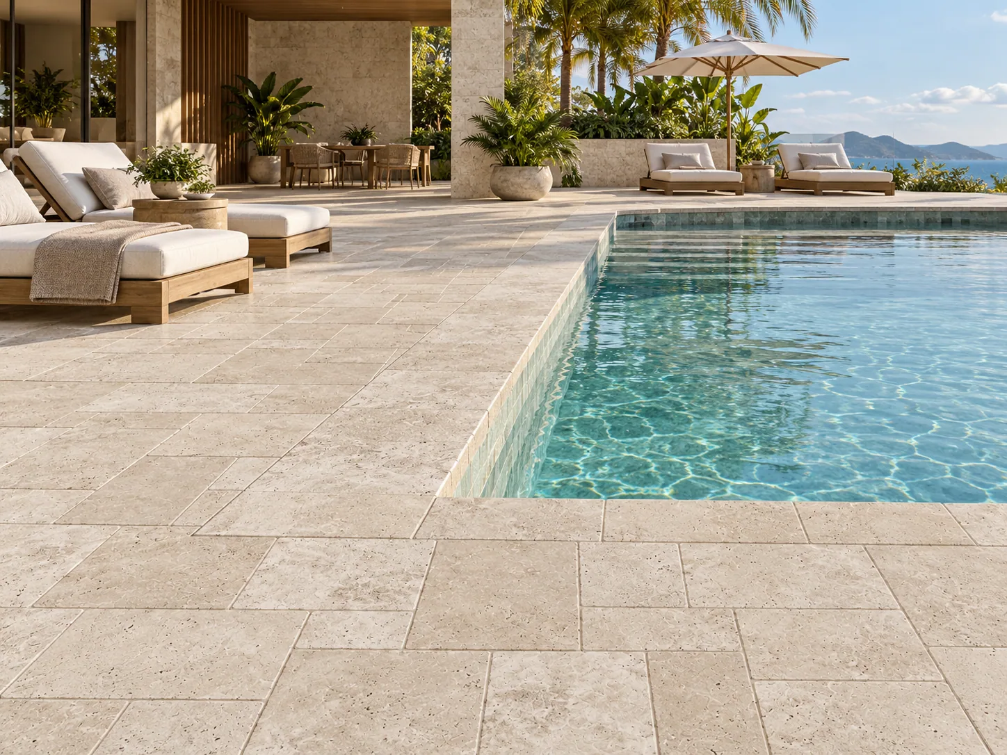 Piscina com French Pattern – Travertino Romano — inspiração de aplicação