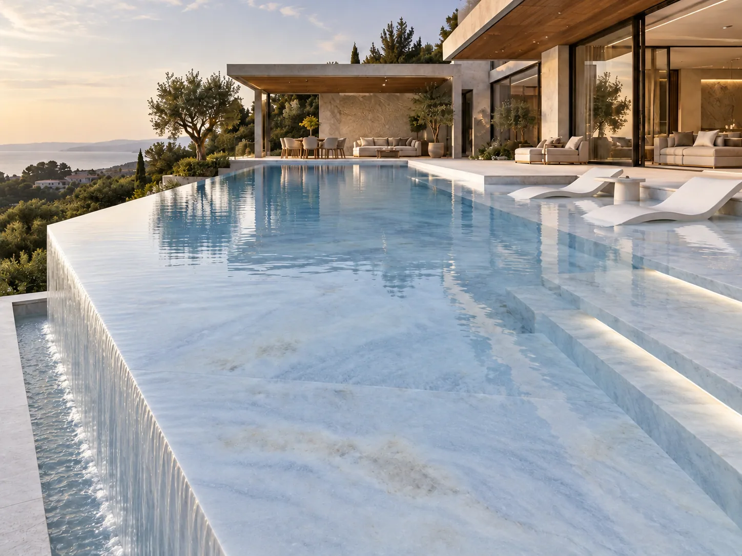 Piscina borda infinita com Azul Pacífico Lisa — inspiração de aplicação