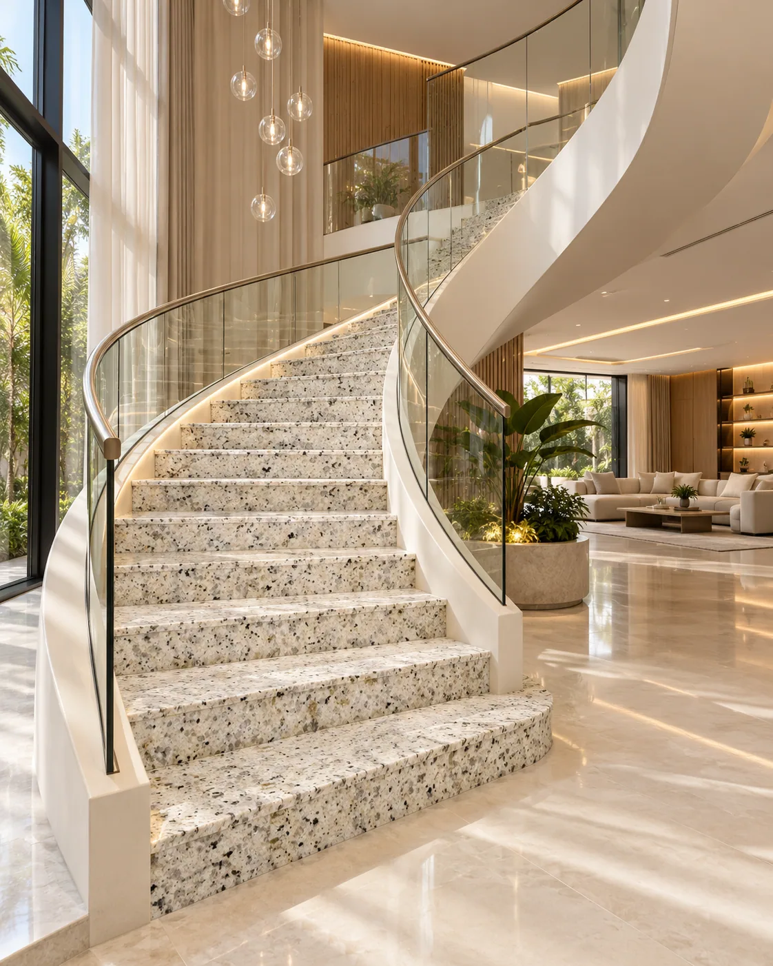 Escadaria curva com Branco Cristal — inspiração de aplicação