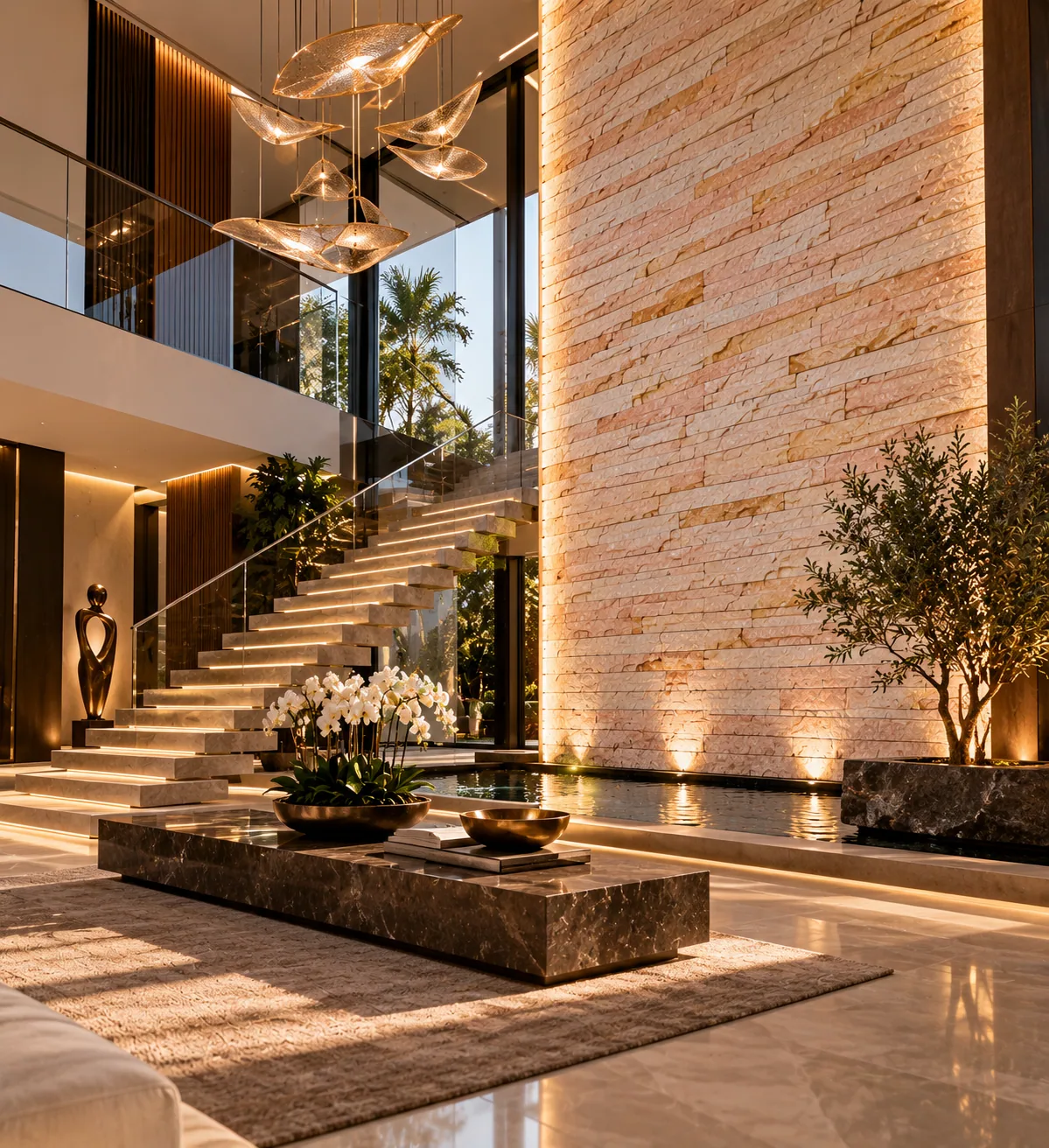 Foyer luxuoso com Arenito Réguas Branco — inspiração de aplicação