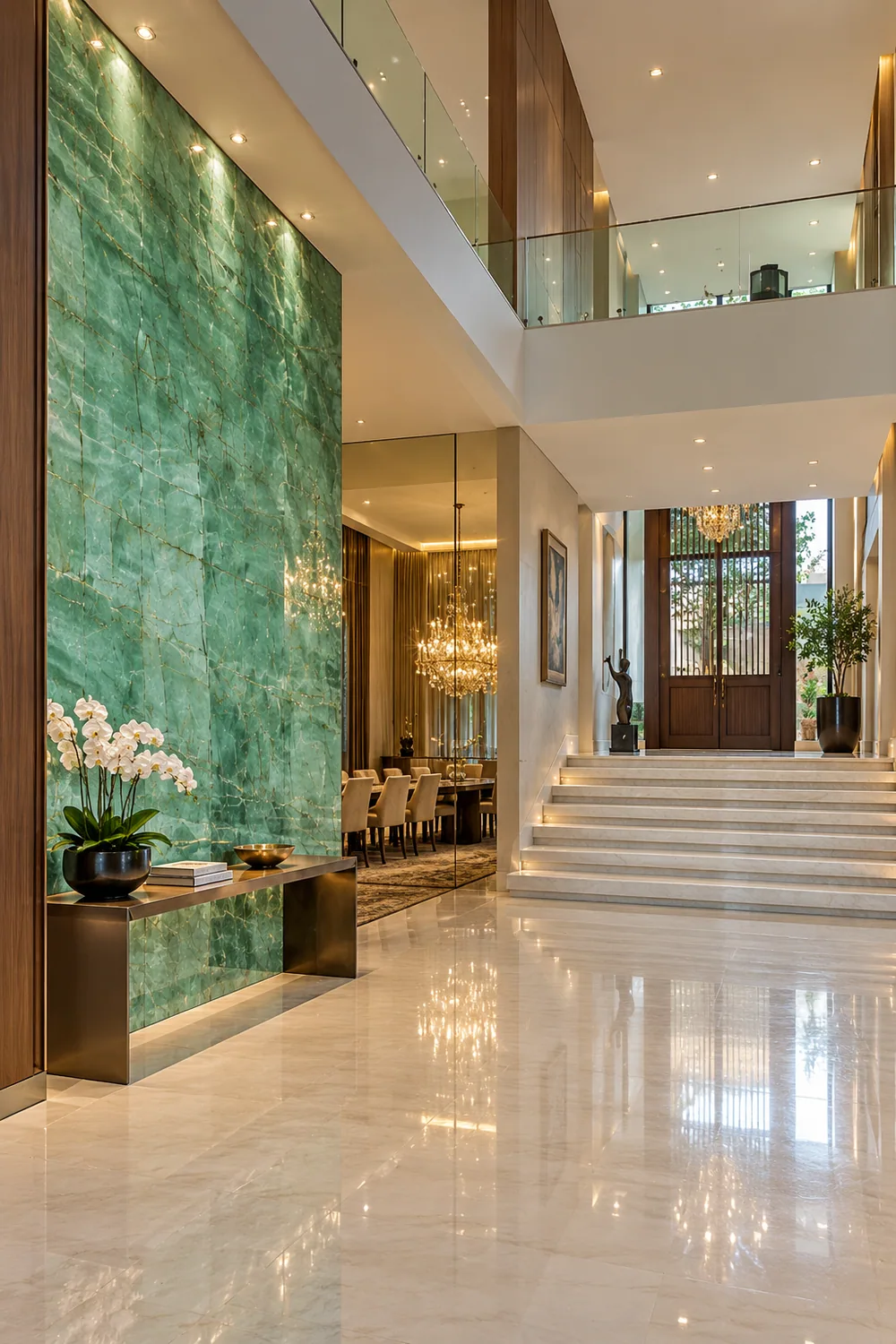 Foyer luxuoso com Emerald Green — inspiração de aplicação