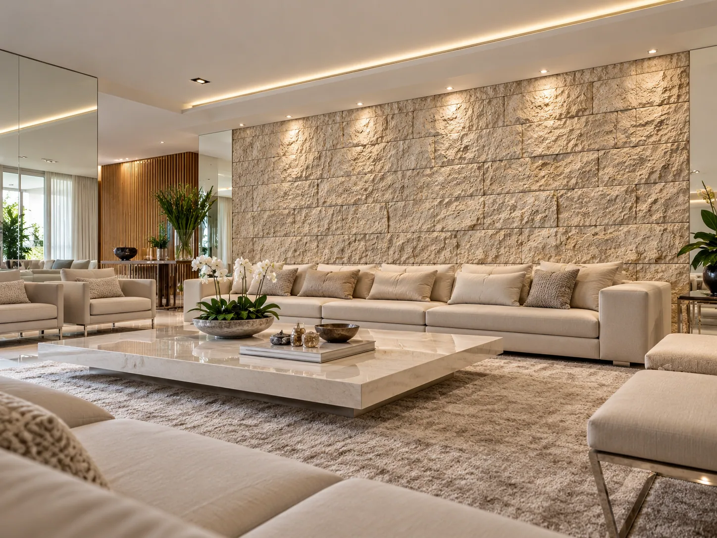Sala moderna com parede de pedra com Travertino Rockface Bege Bahia — inspiração de aplicação