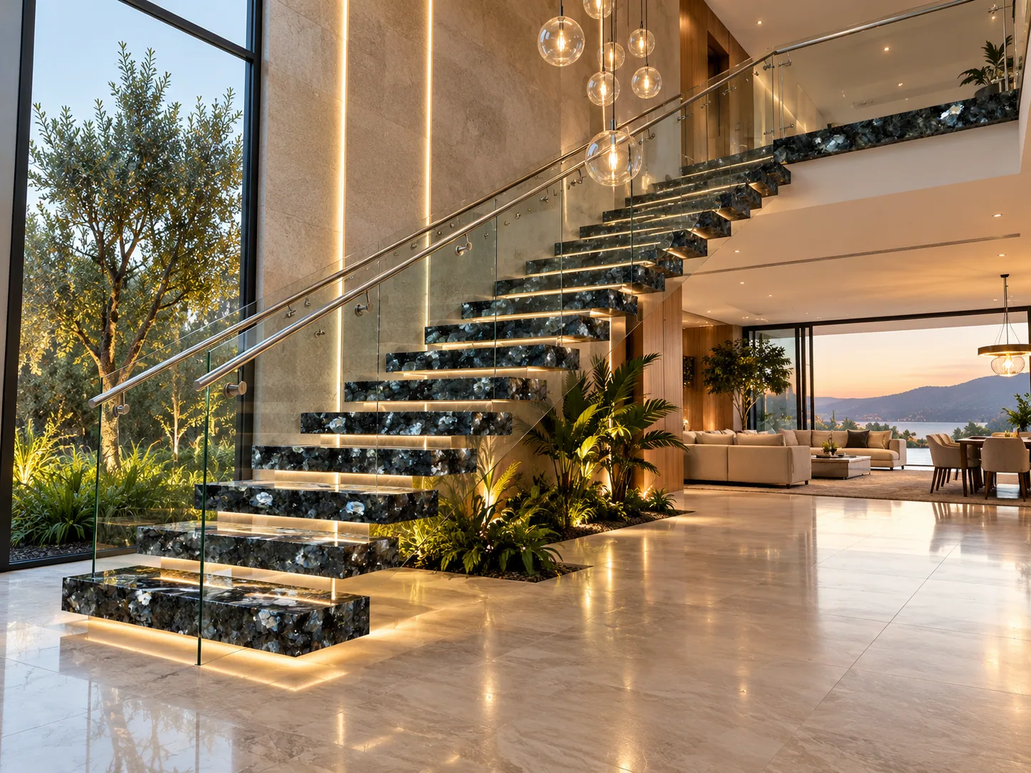 Escadaria flutuante com Emerald Pearl — inspiração de aplicação