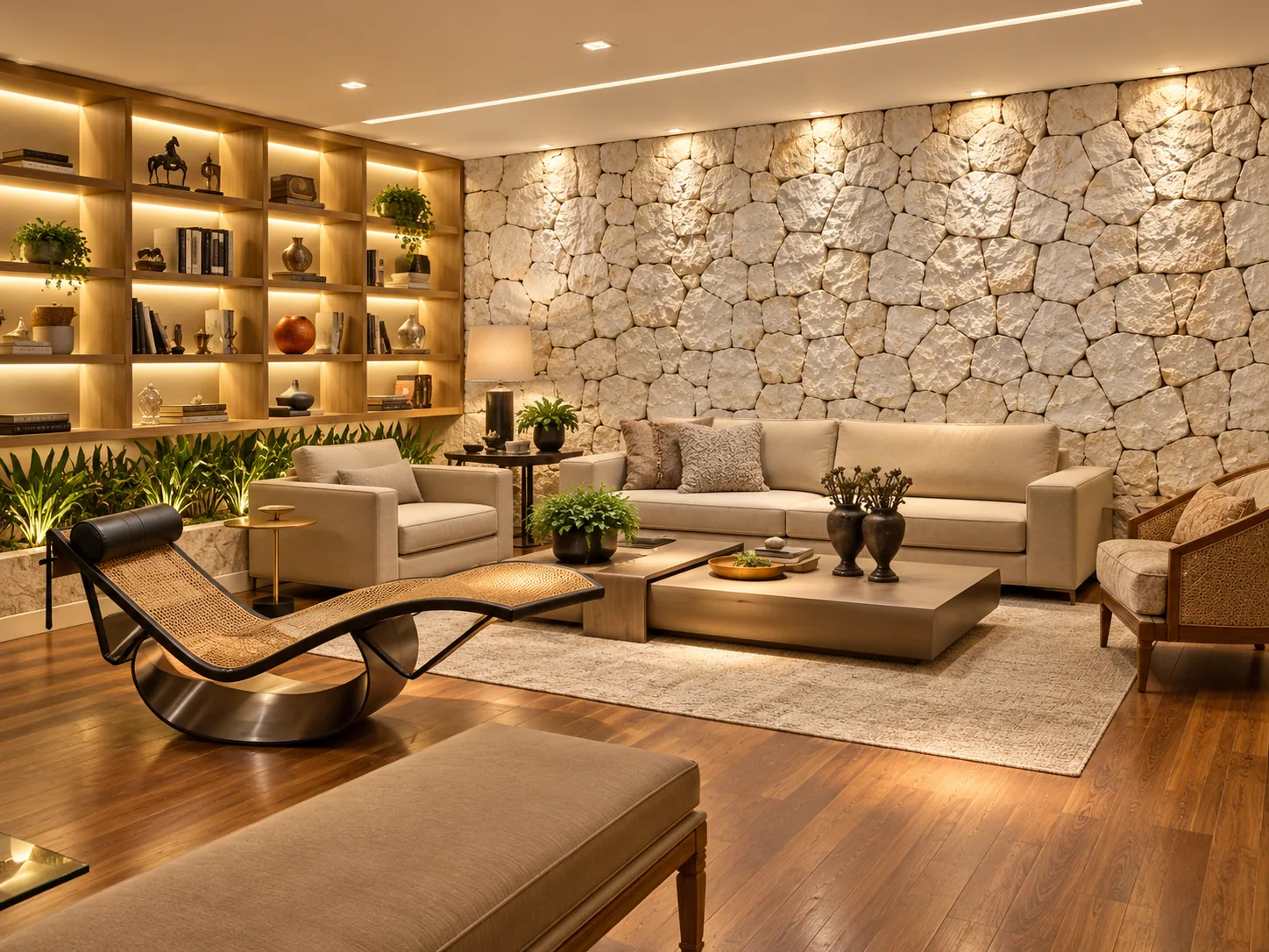 Sala contemporânea com parede com Portuguesa Branca — inspiração de aplicação