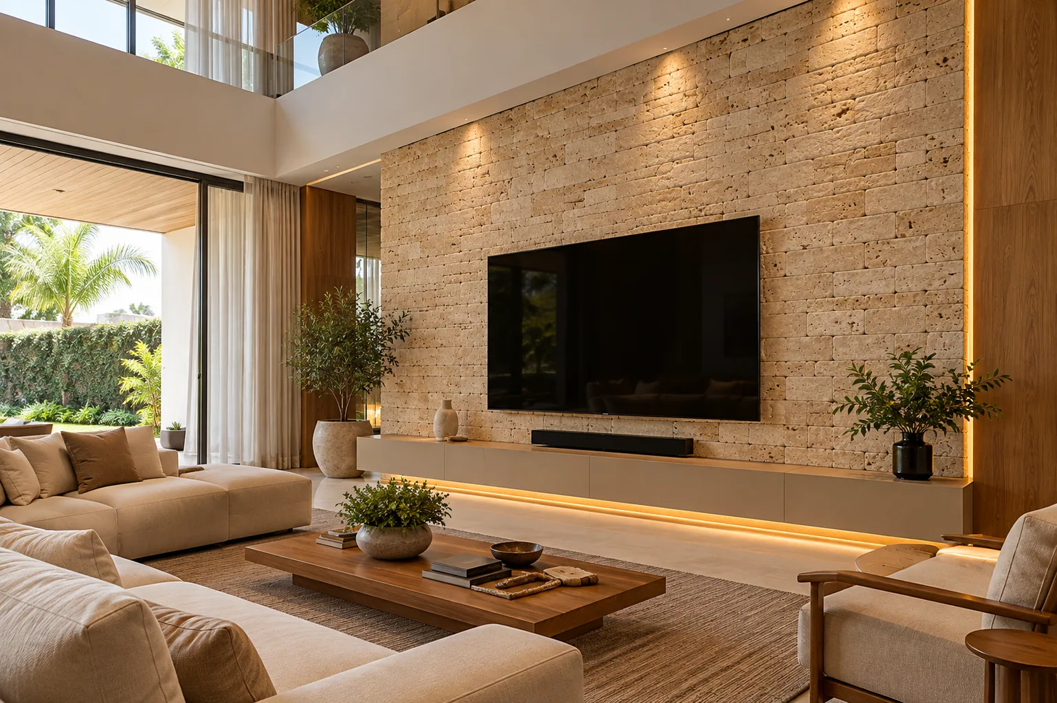 Painel sala com Tijolinho Anticato – Travertino Romano — inspiração de aplicação