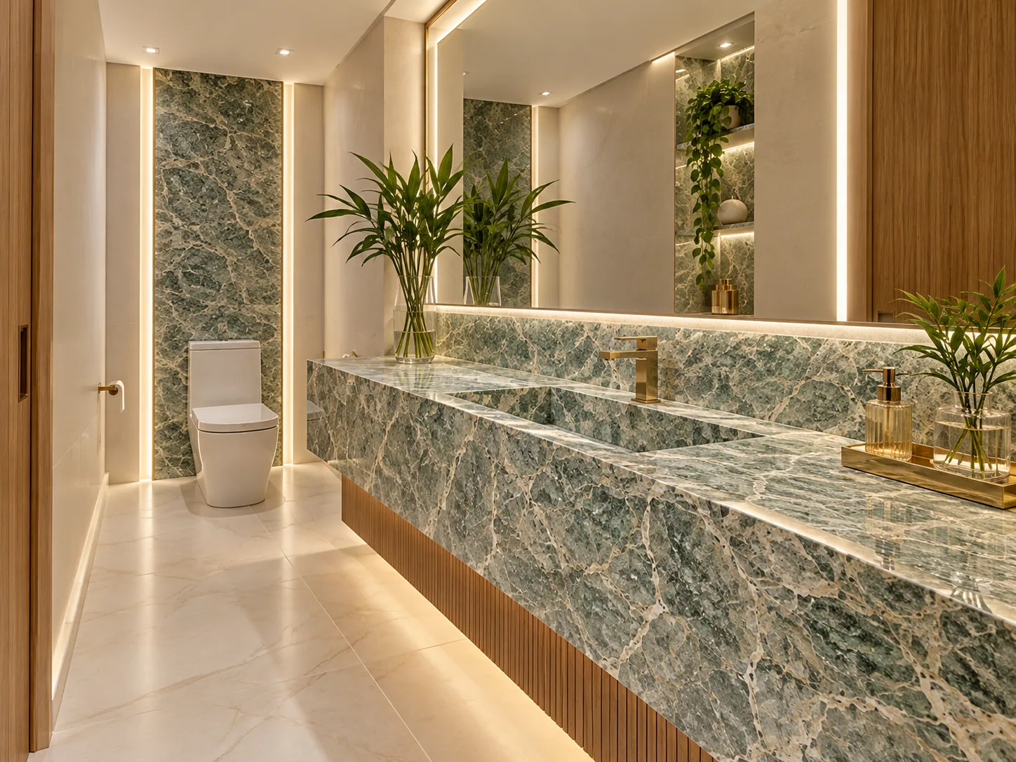 Lavabo e bancada com Costa Esmeralda — inspiração de aplicação