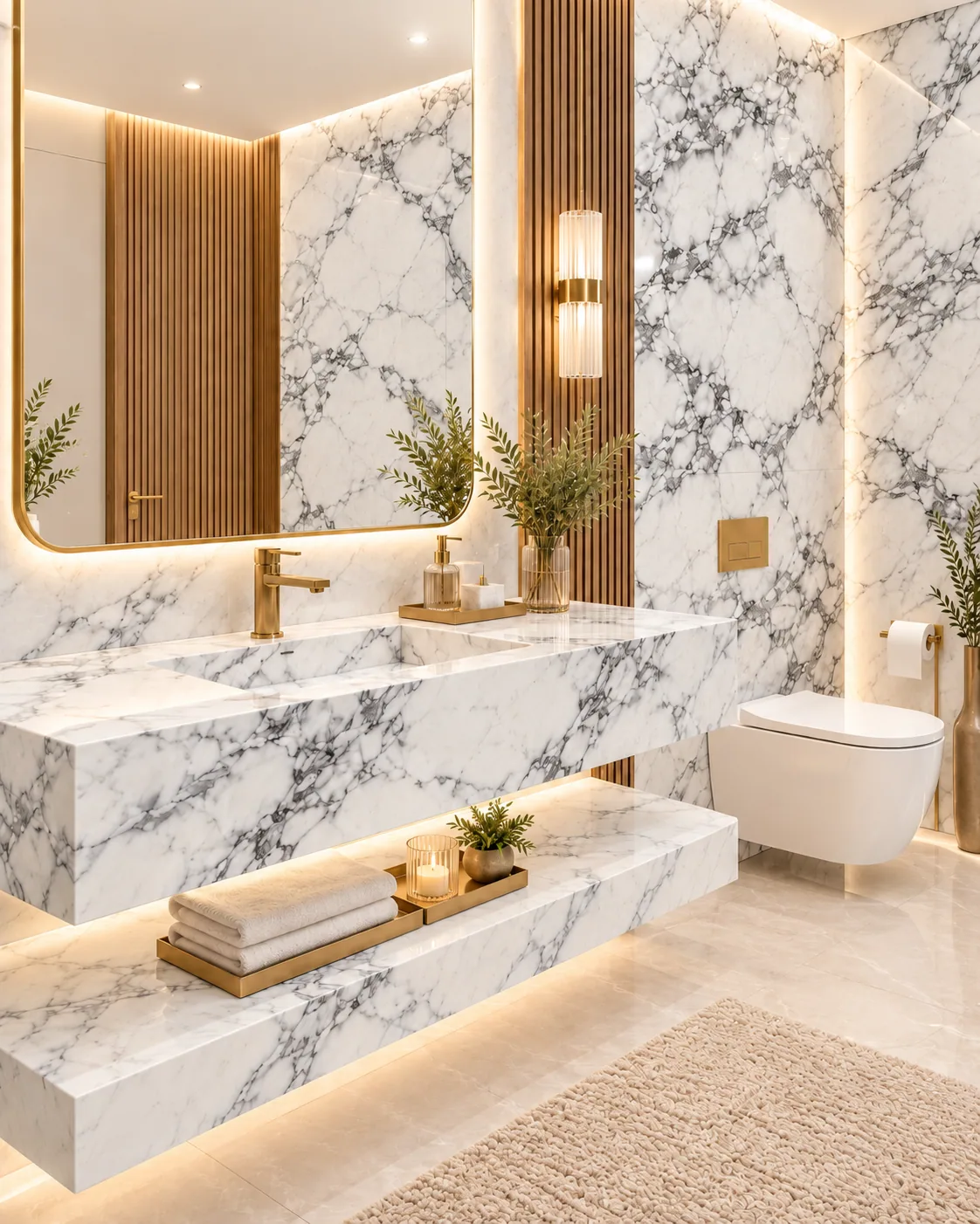 Lavabo e bancada com Carrara Dolomítico — inspiração de aplicação