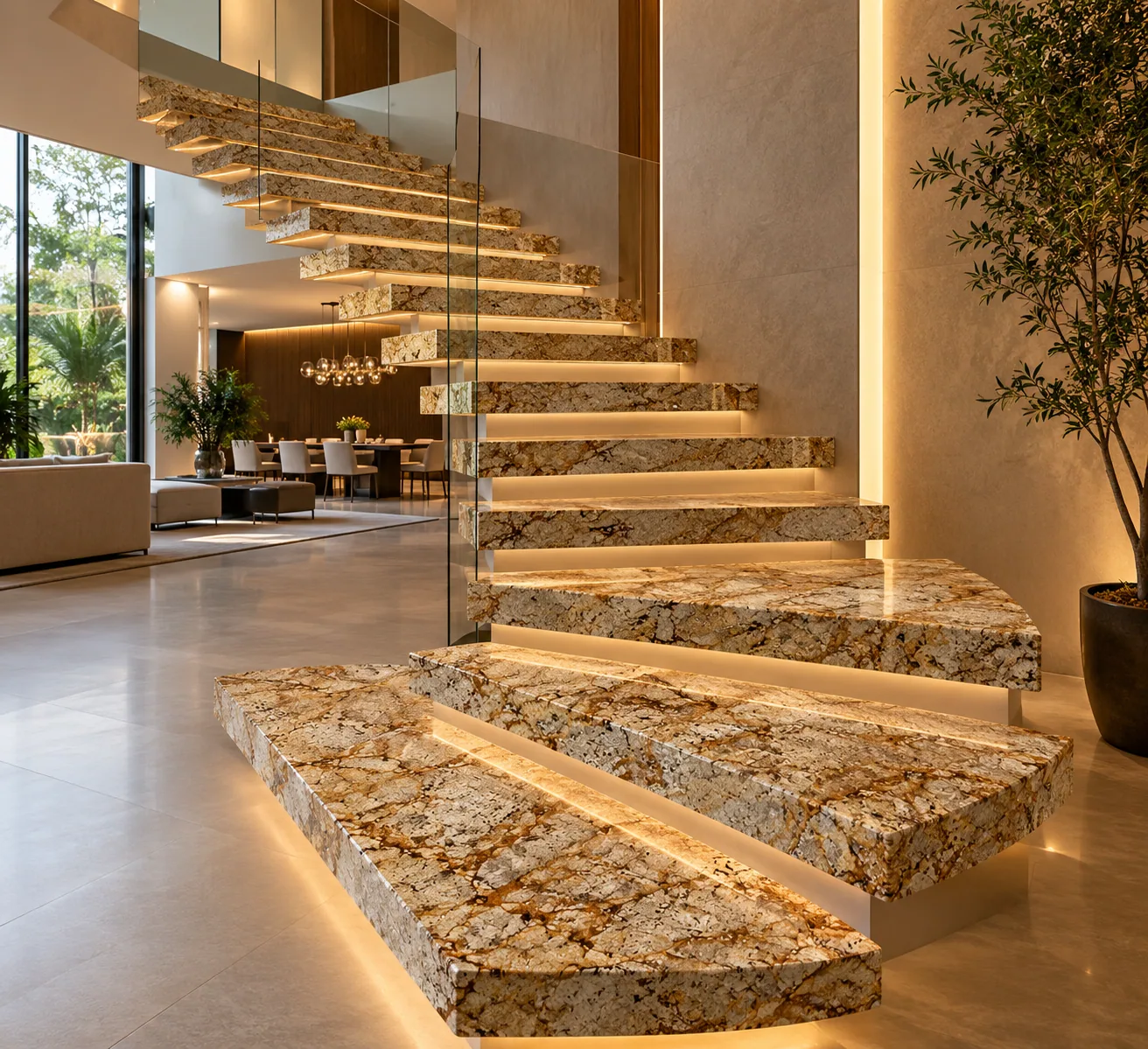 Escadaria flutuante com Alaska Gold — inspiração de aplicação