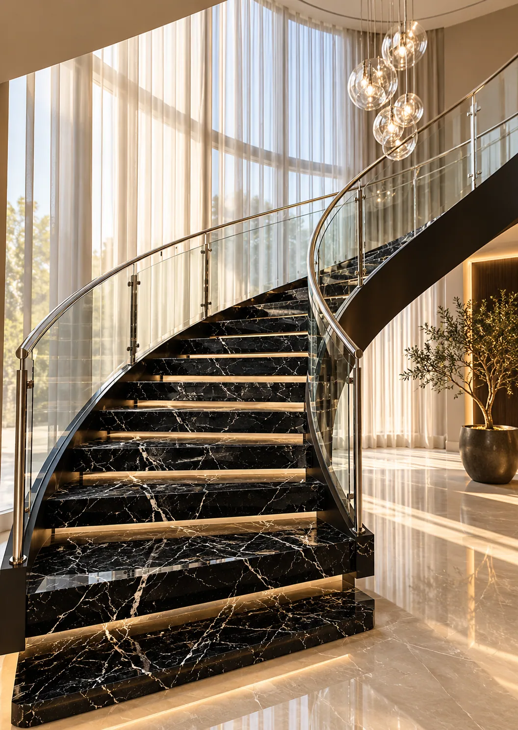 Escadaria curva com Preto Nero — inspiração de aplicação