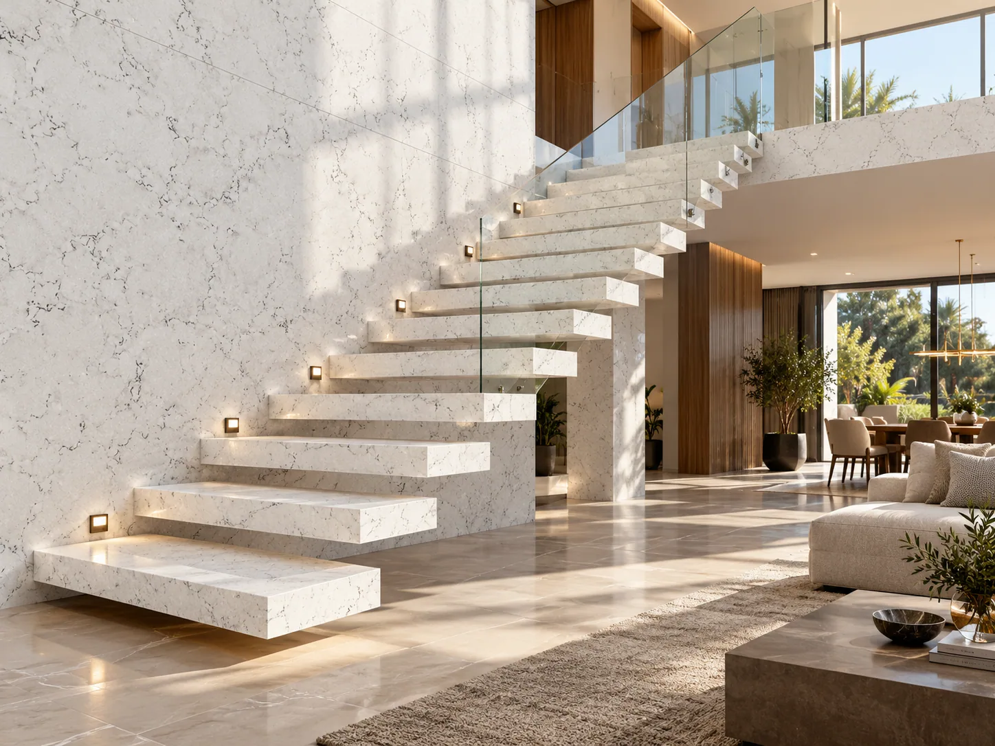 Escadaria flutuante com Carrara Quartzite — inspiração de aplicação
