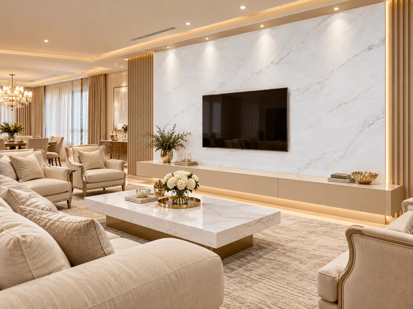 Sala luxuosa painel com Olympus White — inspiração de aplicação