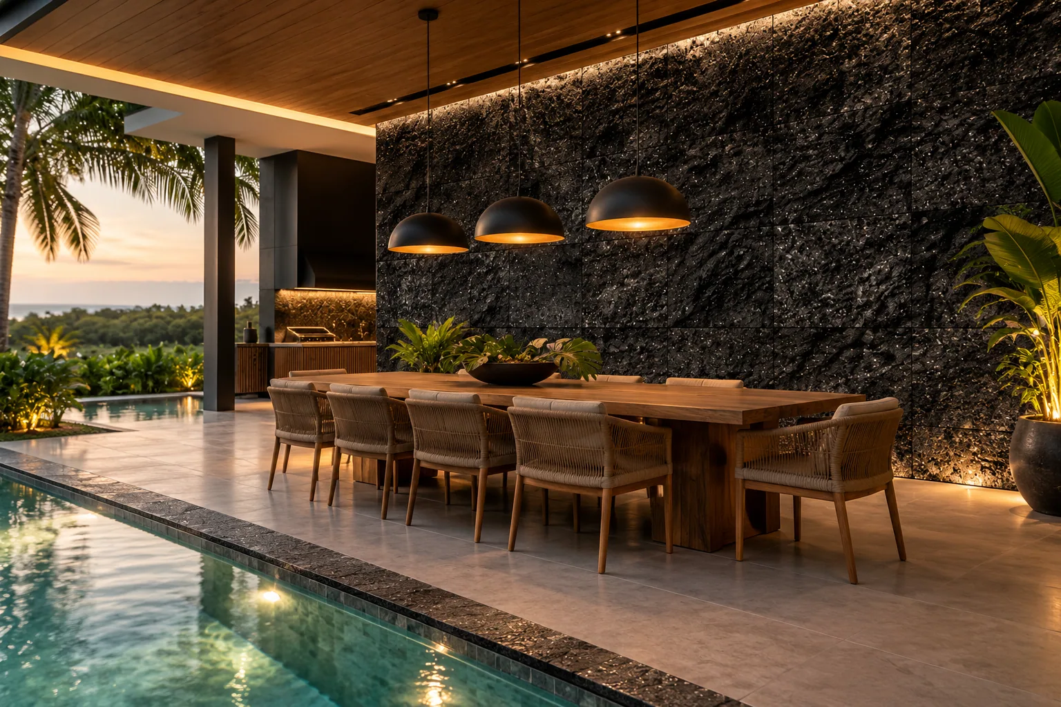 Terraço revestimento parede com Hitam Bruta – Black Lava — inspiração de aplicação
