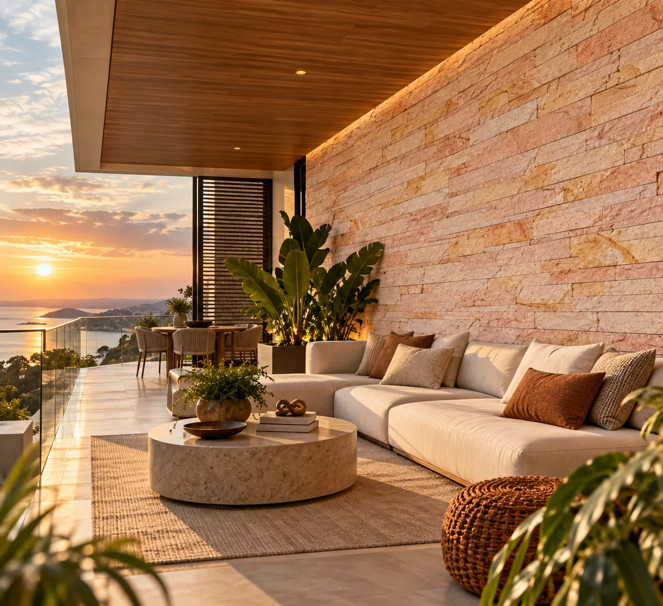 Terraço luxuoso com Arenito Réguas Branco — inspiração de aplicação